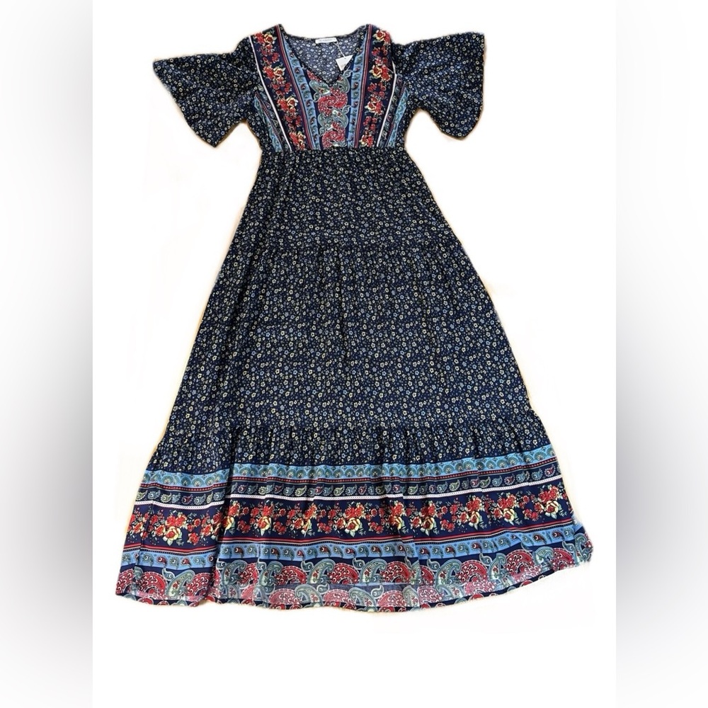 KIRUNDO Womens Tiered Maxi Dress, Flutter Sleeve Spring/Fall Boho Peasant Medium
